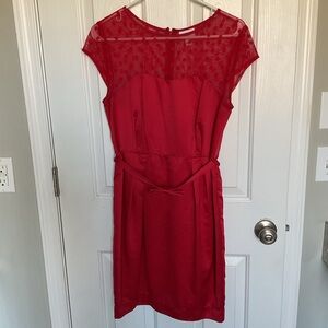 Cap-Sleeve Red Midi Dress with Sheer Polka Yoke